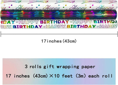 3er Set Geschenkpapierrollen 43cm x 3m bunt mit Happy Birthday Design