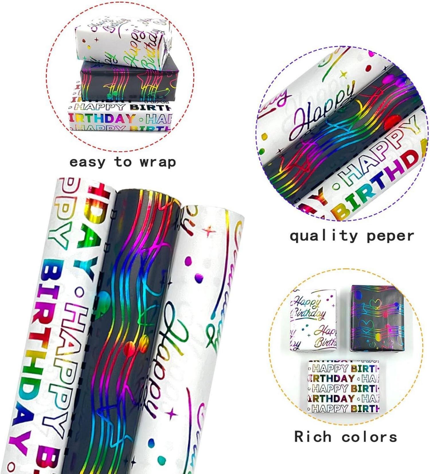 3 Rollen Geschenkpapier 43cm x 3m Geburtstag Weihnachten Hochzeit, mehrfarbig