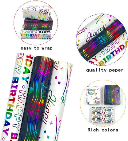 3 Rollen Geschenkpapier 43cm x 3m Geburtstag Weihnachten Hochzeit, mehrfarbig