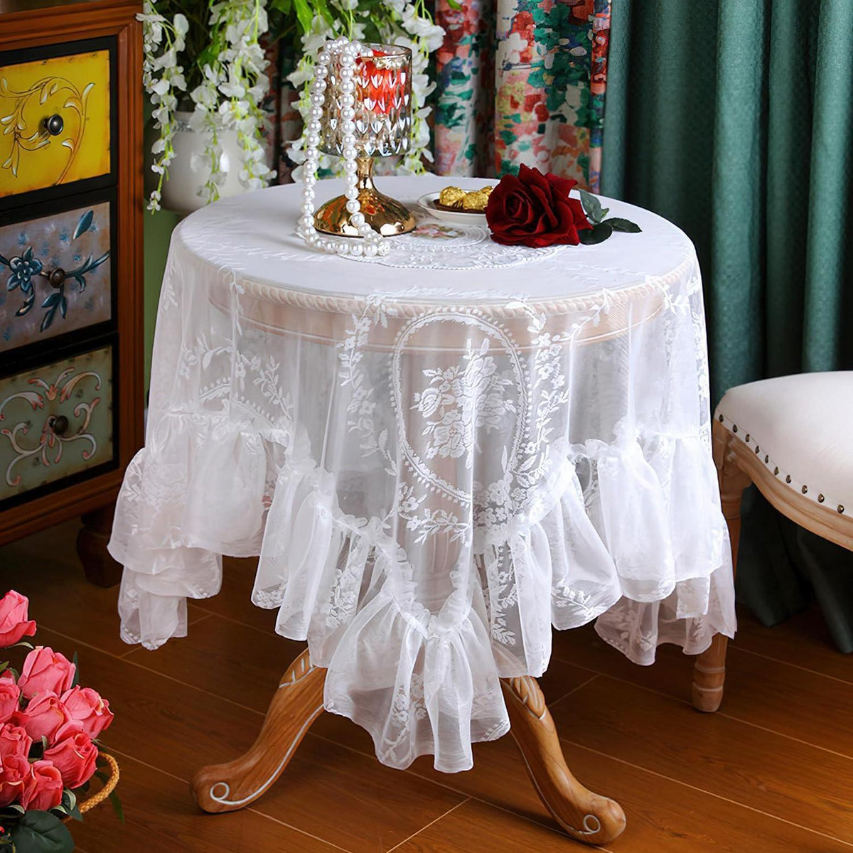 Vintage Spitze Tischdecke Blumenstickerei 150x150cm