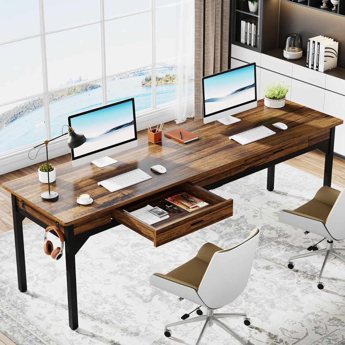Doppelter Schreibtisch 200cm | Rustikaler Bürotisch für Home Office