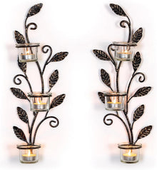 Wandkerzenhalter Blatt Schwarz mit Teelichtglas, 3er Set