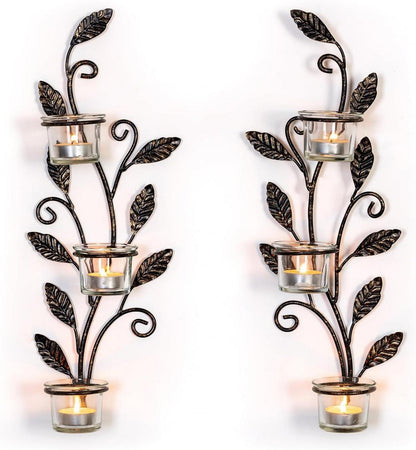 Wandkerzenhalter Blatt Schwarz mit Teelichtglas, 3er Set