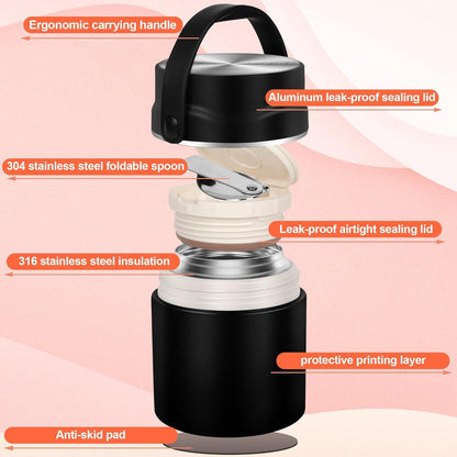 Dorblely Thermobehälter 800ml Edelstahl Schwarz mit Löffel
