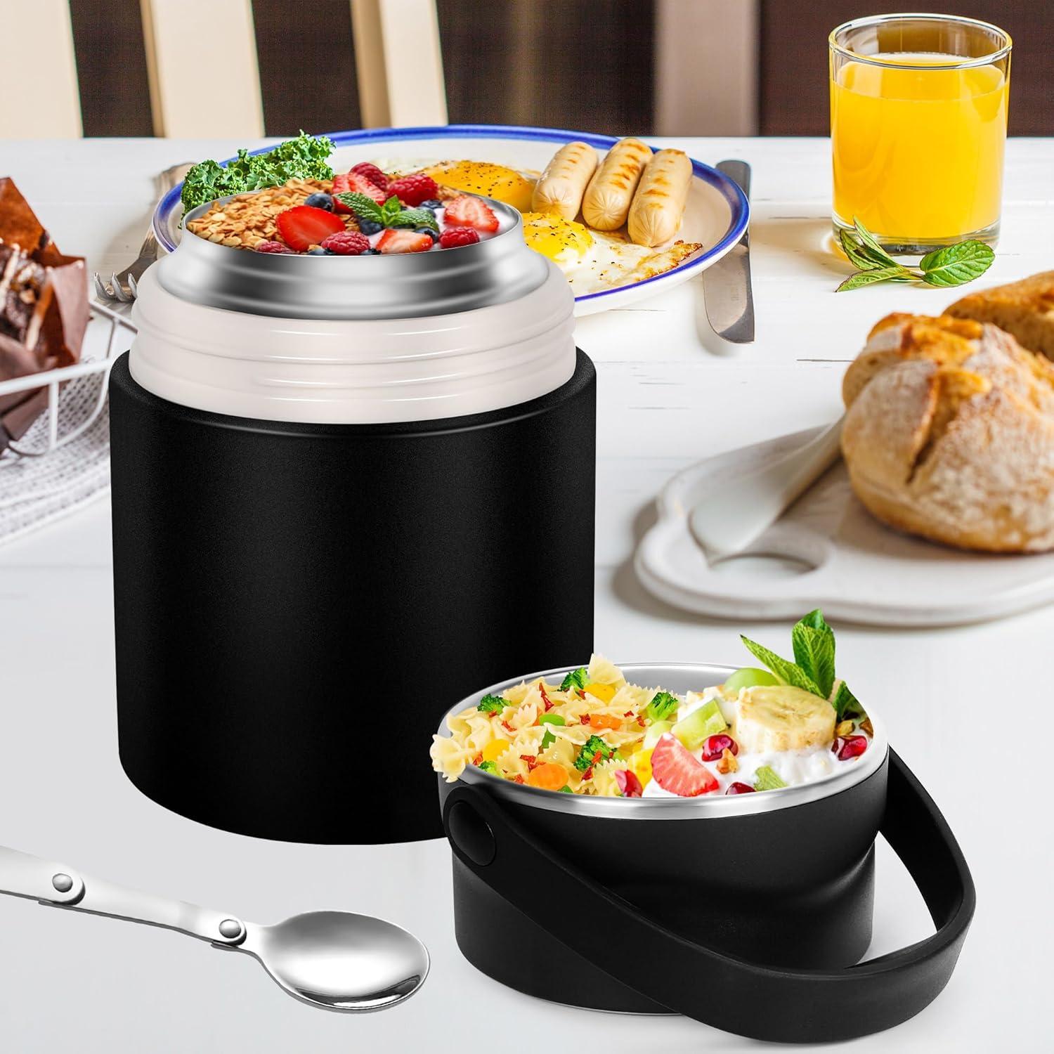 Dorblely Thermobehälter 800ml Edelstahl Vakuumisoliert mit Löffel - Schwarz