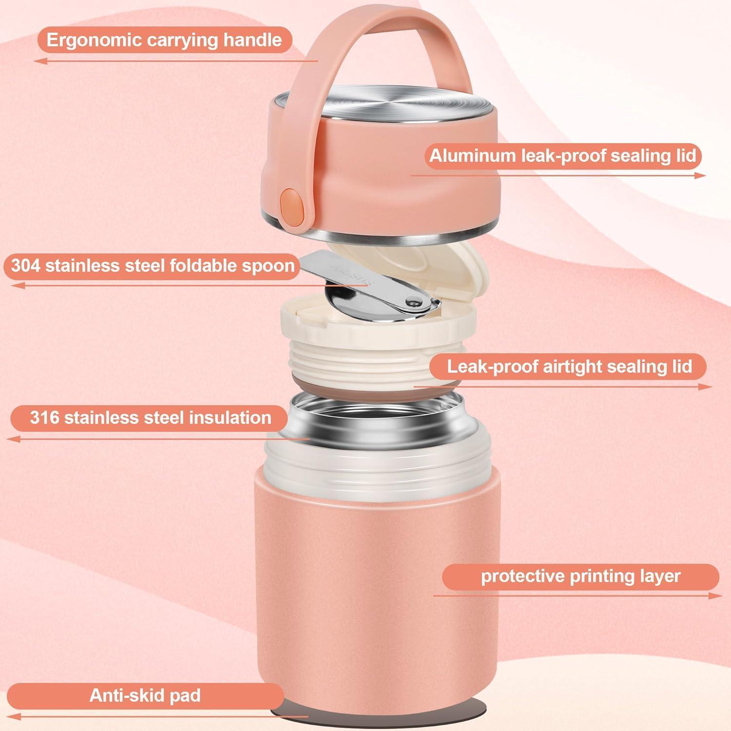 Dorblely Thermobehälter 800ml Vakuumisoliert Edelstahl Rosa