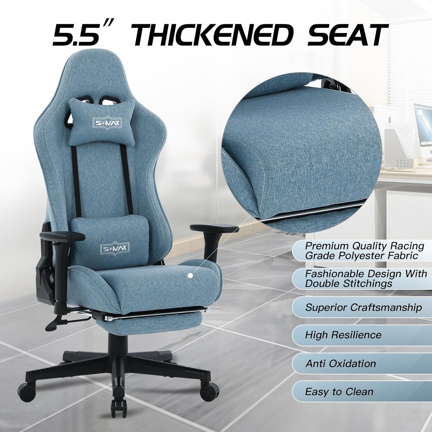 Gaming Stuhl Stoff Blau mit Fußstütze 3D Armlehne ergonomischer Sitz