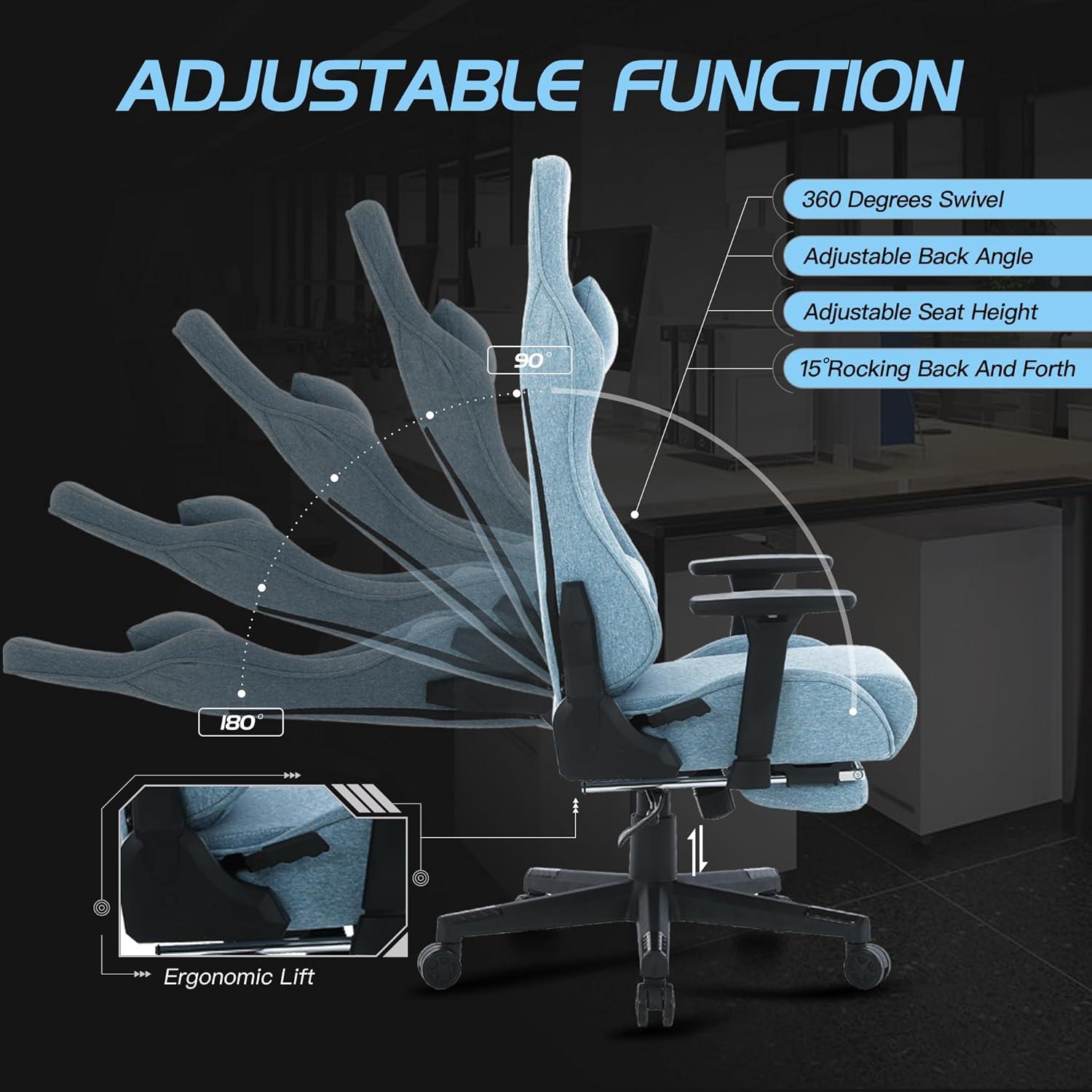 Gaming Stuhl Blau Stoff S*MAX mit Fußstütze 3D Armlehne