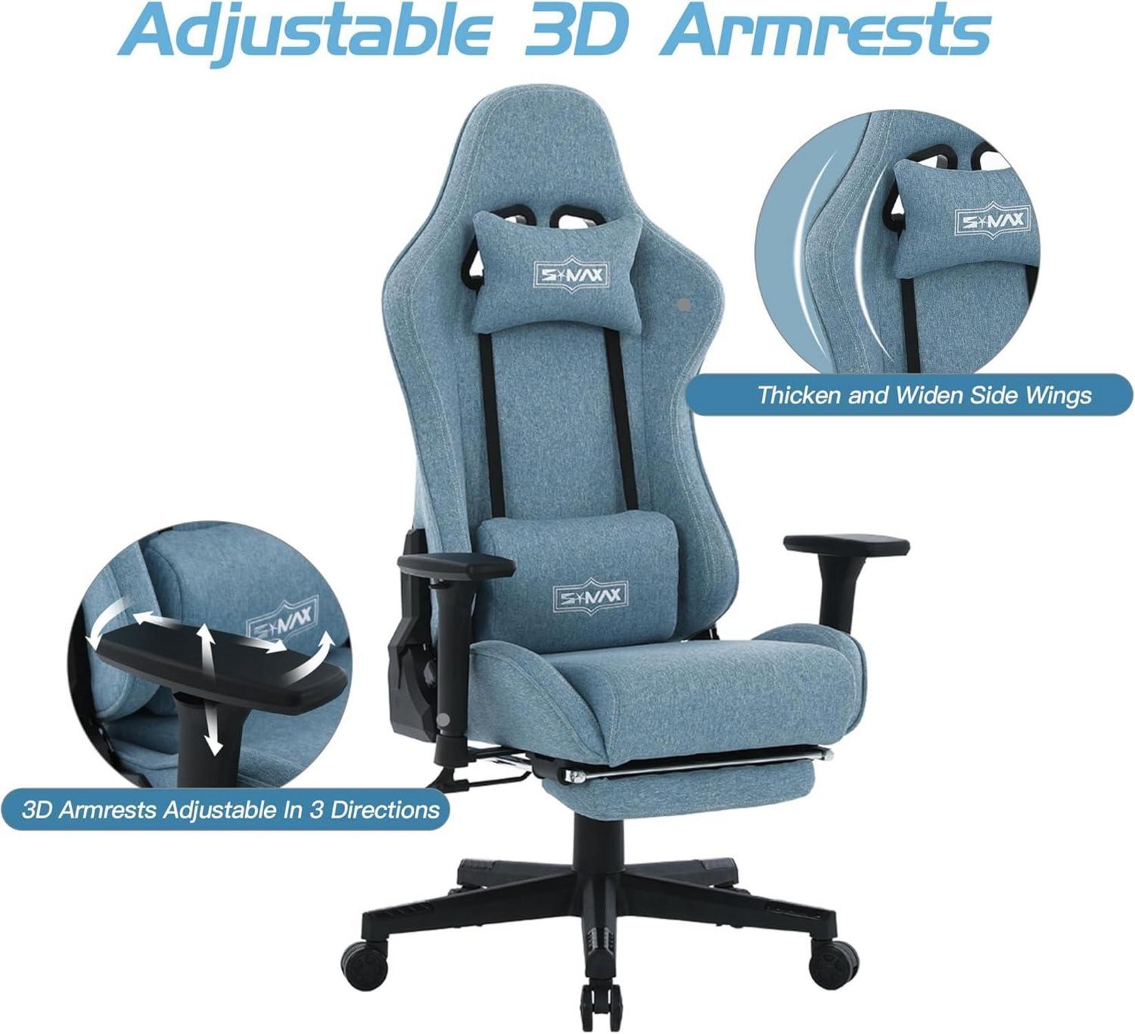 Gaming Stuhl Blau Fußstütze Stoff 3D Armlehne Videospielstuhl