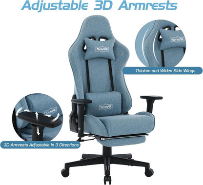 Gaming Stuhl Blau Fußstütze Stoff 3D Armlehne Videospielstuhl