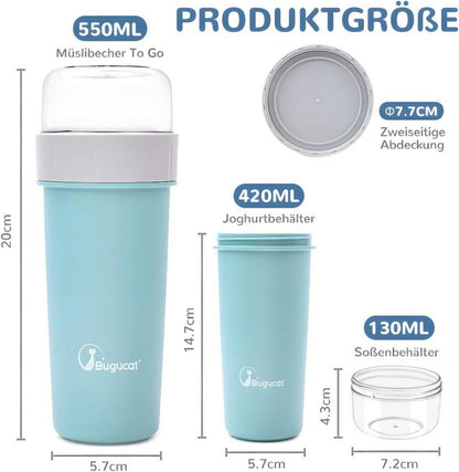 Bugucat 2in1 Müslibecher to Go mit Löffel, Blau
