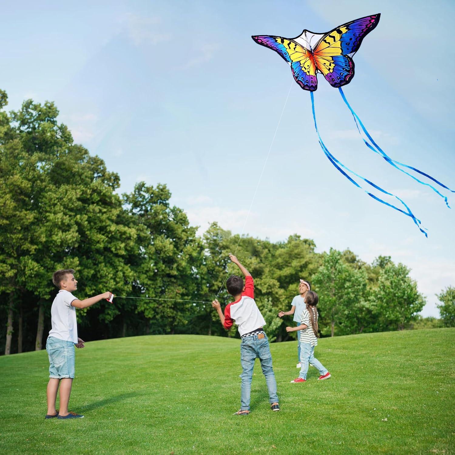 Schmetterling Drachen Kite 120x95cm Regenbogen Lange Schwänze Kinder