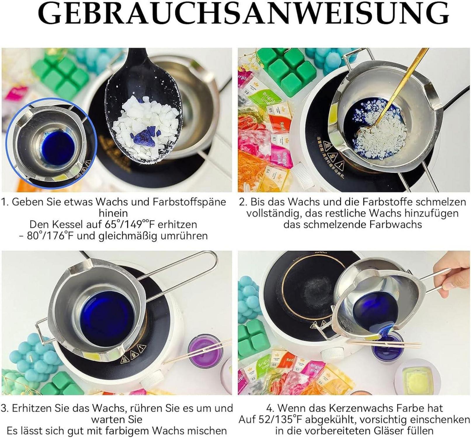 ALLAVA Kerzen Selber Machen Set 8 Farben Natürliche Baumwolle450Wachs 4Duftöle100Dochte