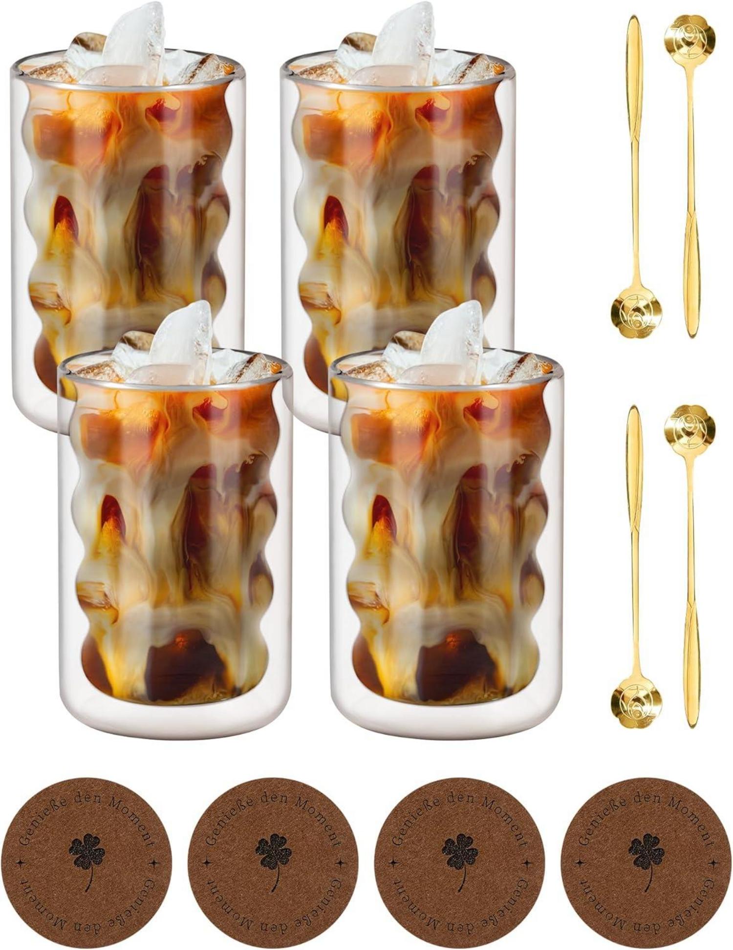 Doppelwandige Latte Macchiato Gläser mit Löffeln & Untersetzer 350ml