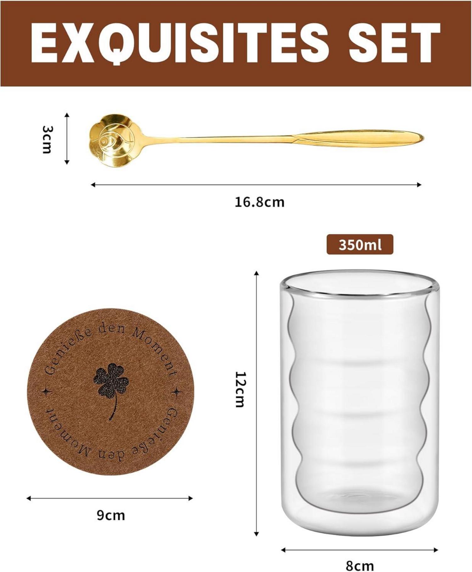 Doppelwandige Latte Macchiato Gläser mit Löffeln & Untersetzer 350ml