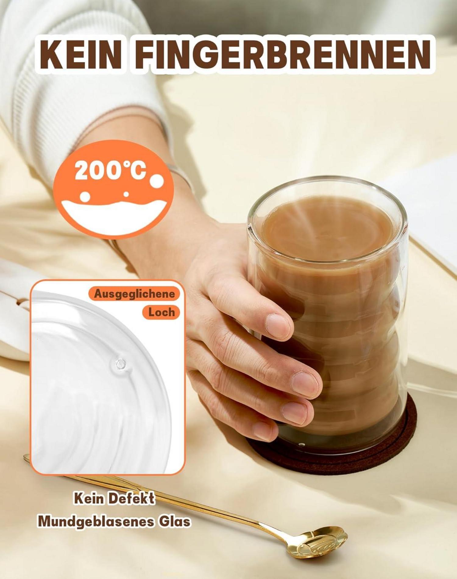 Latte Macchiato Gläser Set 4er mit Löffeln 350ml - Doppelwandige Kaffeegläser & Untersetzer