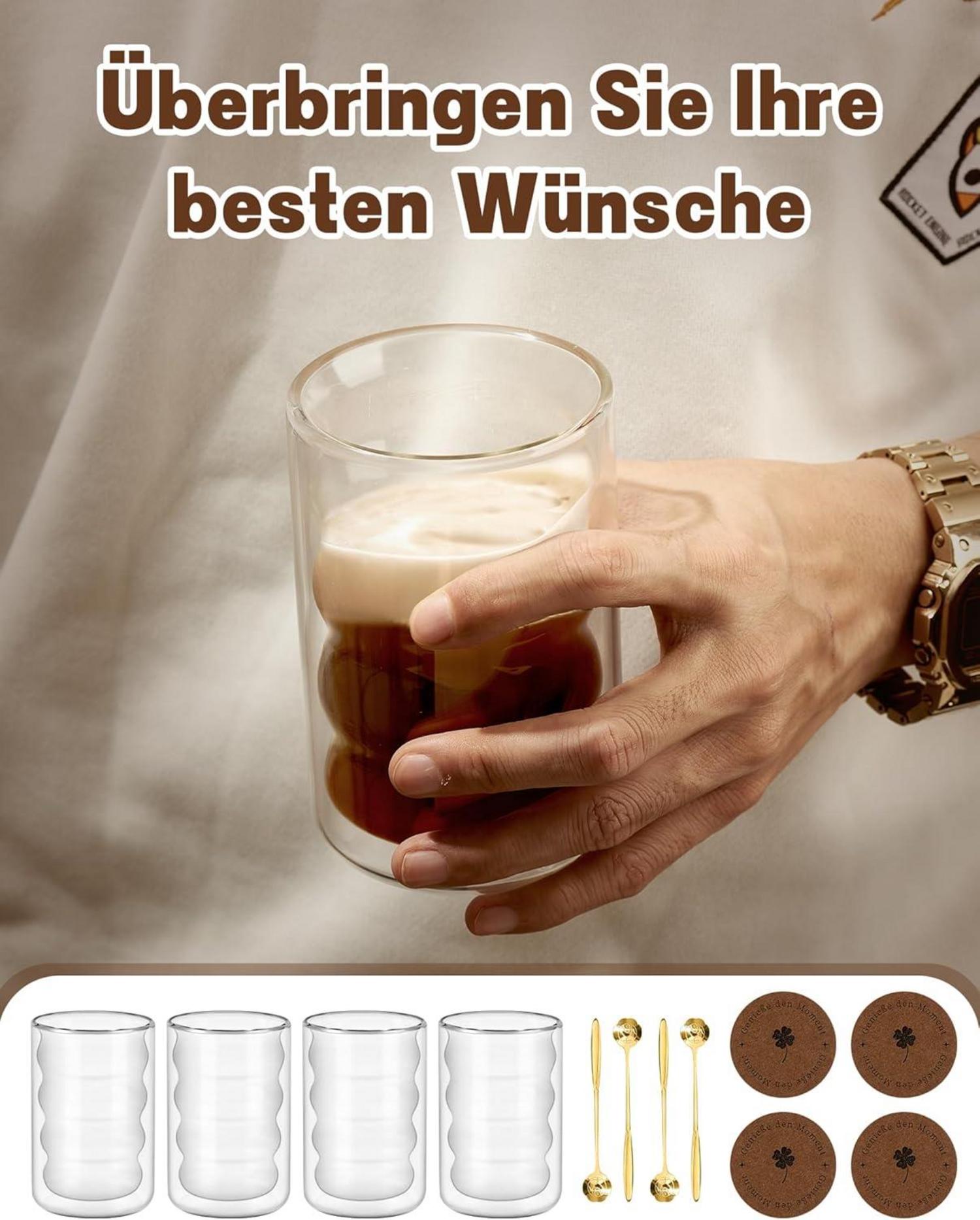 Latte Macchiato Gläser Set 350ml Doppelwandig 4 Löffel 4 Untersetzer