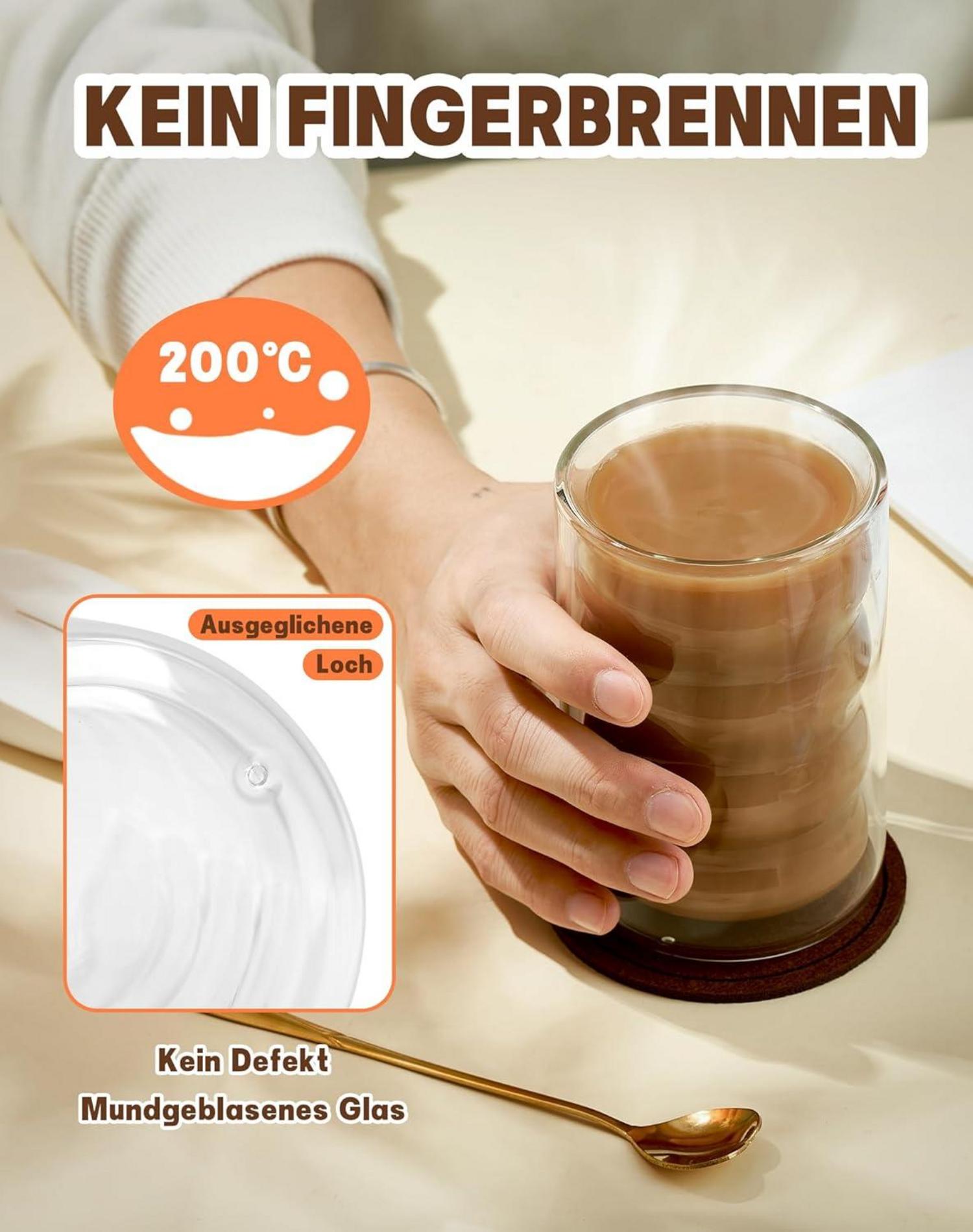 Latte Macchiato Gläser Set mit Löffeln und Untersetzern Borosilikatglas 350ml