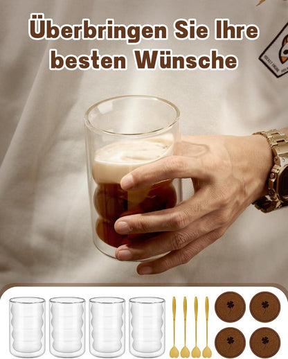 Latte Macchiato Gläser Set 4er - 350ml Borosilikatglas Thermogläser Kaffee