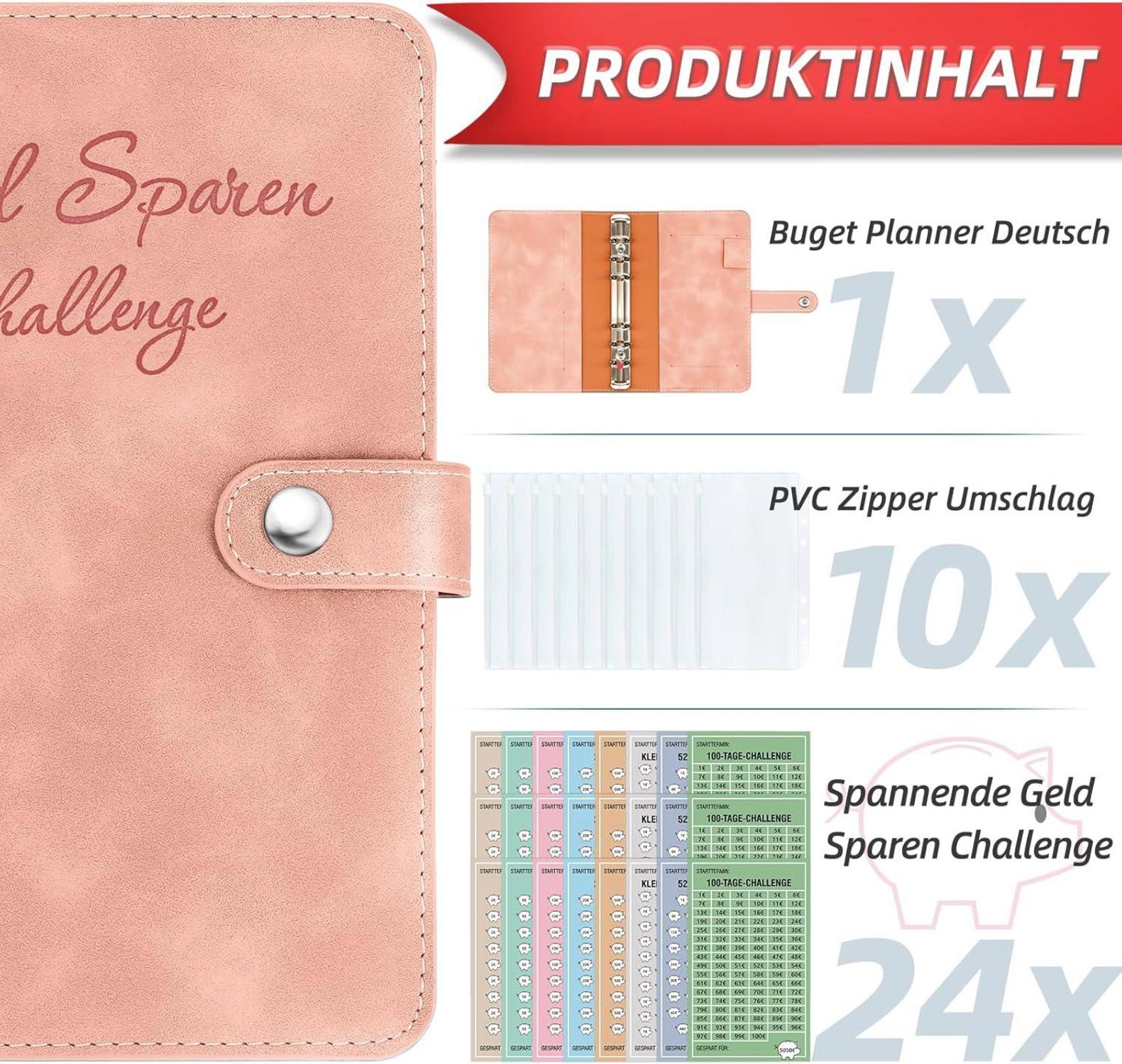 Geld Sparen Challenge Buch mit 8 Sparchallenges - Budget Planner Deutsch - Spar Challenge - Finanzplaner Haushaltsbuch