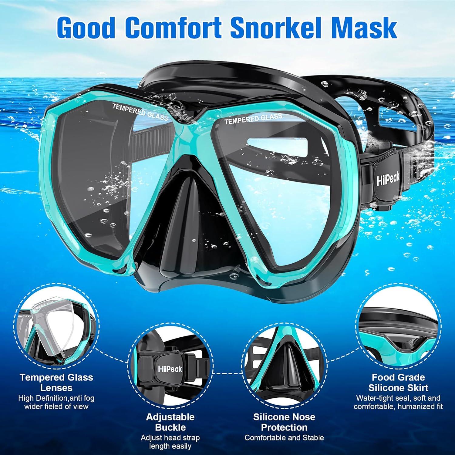 Hiipeak Schnorchelset Erwachsene mit Dry Schnorchel Taucherbrille Gläser Blau