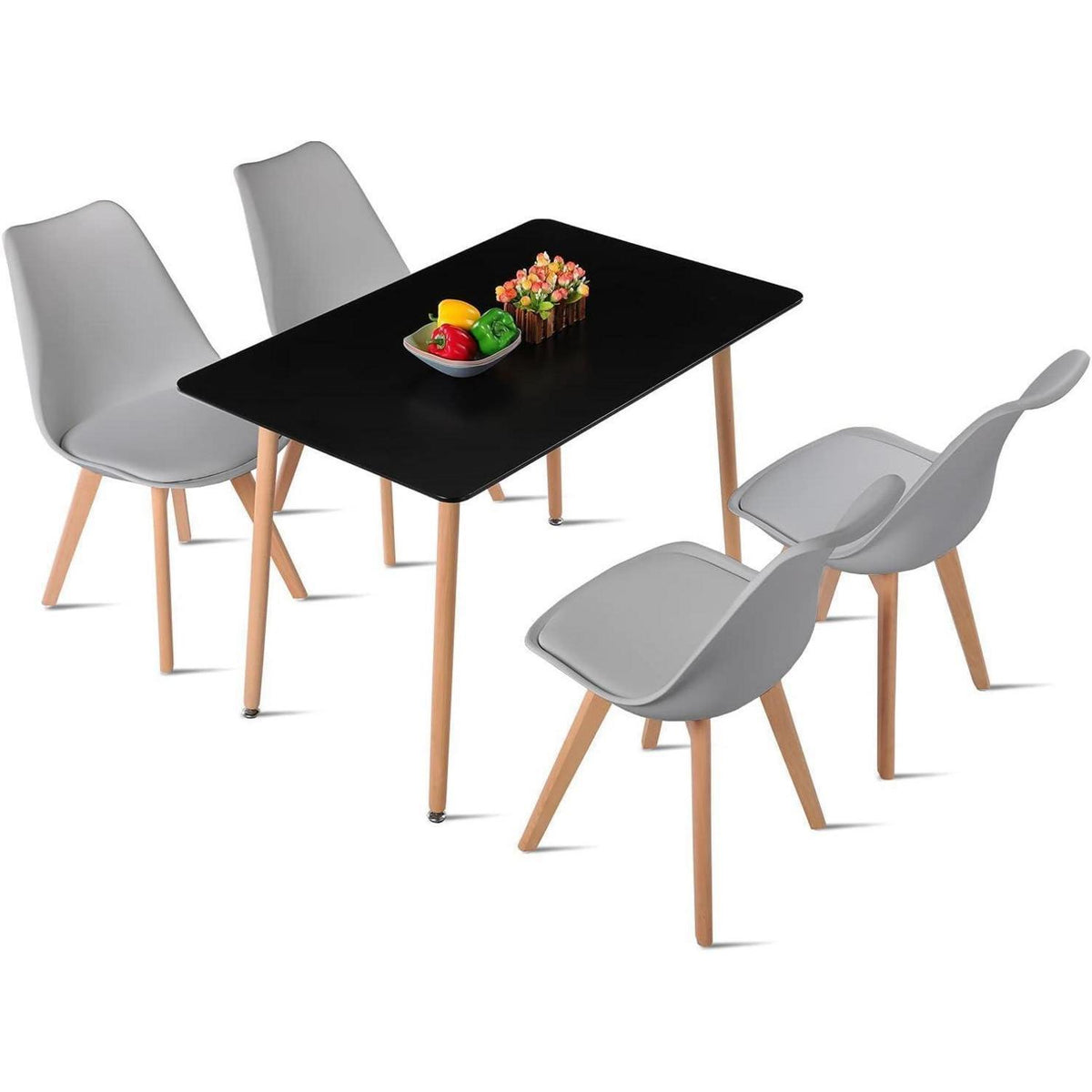 Rechteckiges Esszimmer-Set mit Tisch und 4 Stühlen – Schwarz & Grau