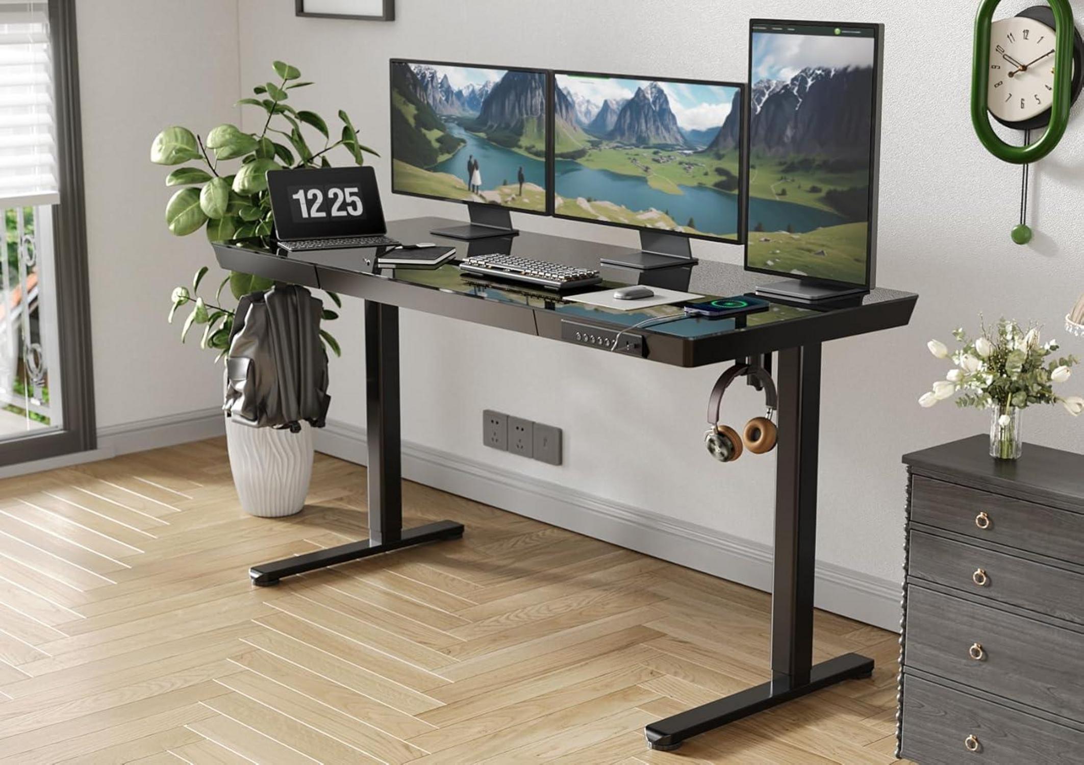 Höhenverstellbarer Glas-Schreibtisch 140x60 cm Schwarz, USB
