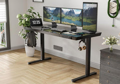 Höhenverstellbarer Glas-Schreibtisch 140x60 cm Schwarz, USB
