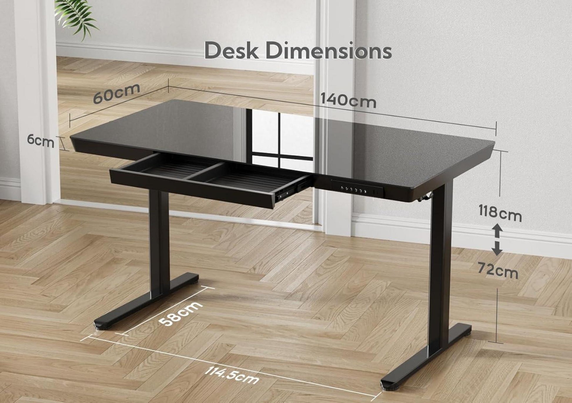 Höhenverstellbarer Schreibtisch mit Glasplatte 140x60 cm Schwarz