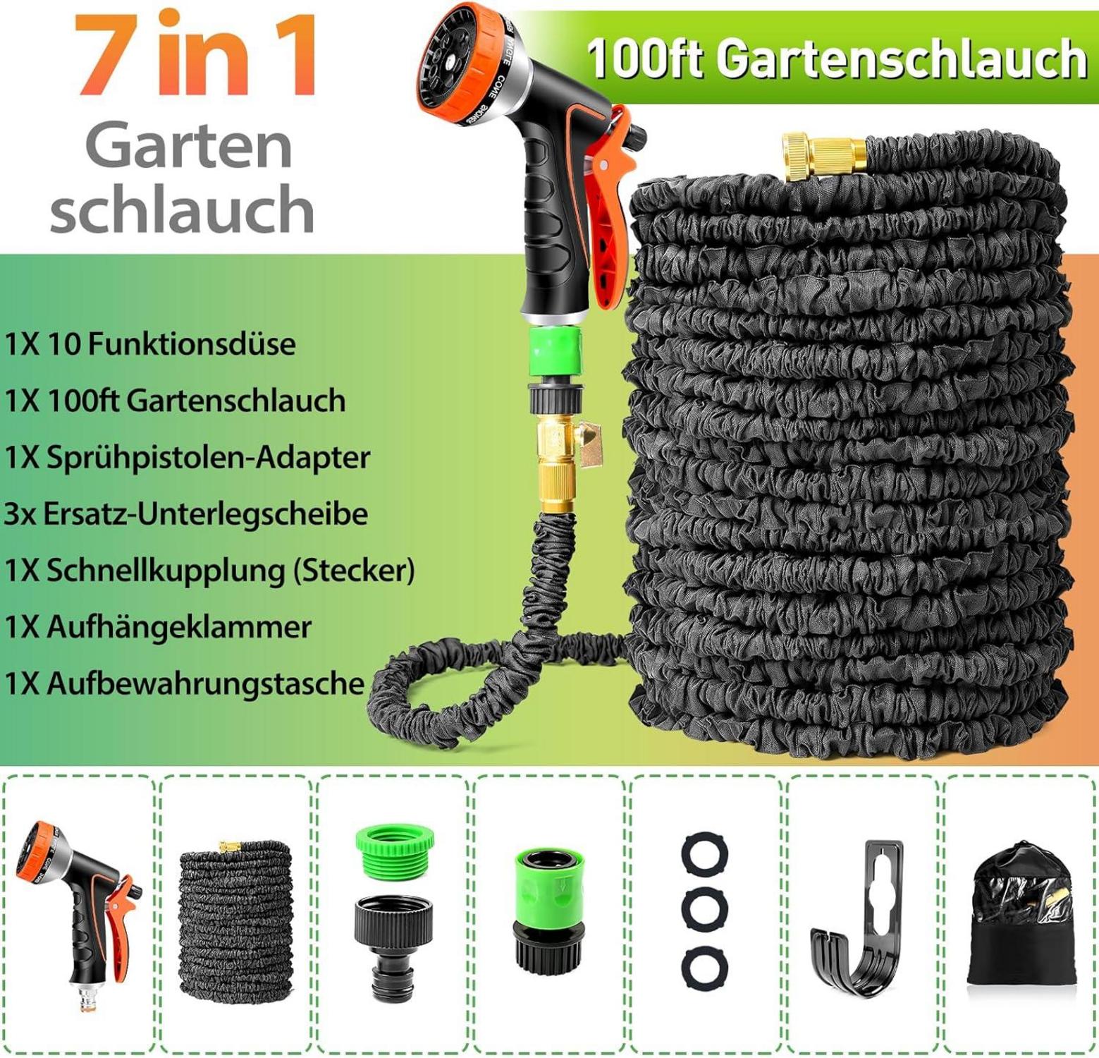 Flexibler Gartenschlauch 30m ausdehnbar mit 10 Sprühmustern für