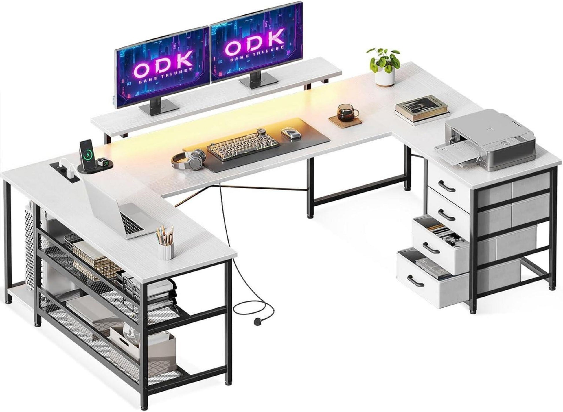 Eckschreibtisch mit 4 Schubladen und LED, Steckdosen, USB, 167×102cm