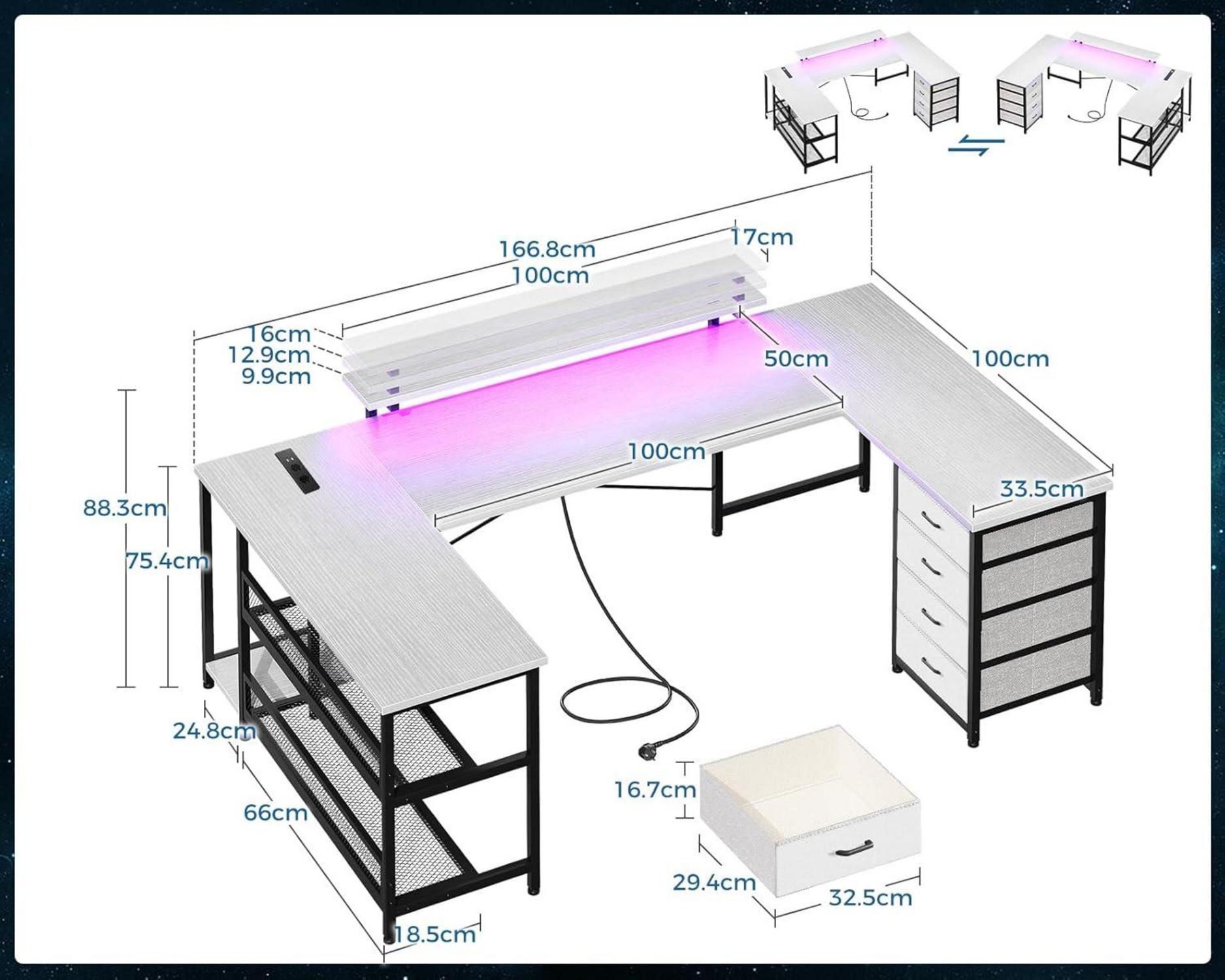 Eckschreibtisch mit 4 Schubladen und LED, Steckdosen, USB, 167×102cm