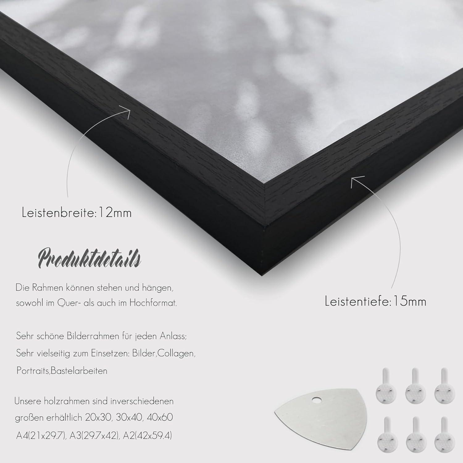 Bilderrahmen A2 Schwarz Holz Fotorahmen Set Poster 42x59.4cm