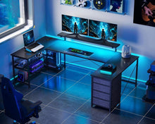 Eckschreibtisch mit LED, USB, Stauraum, Schwarz, 167×102cm