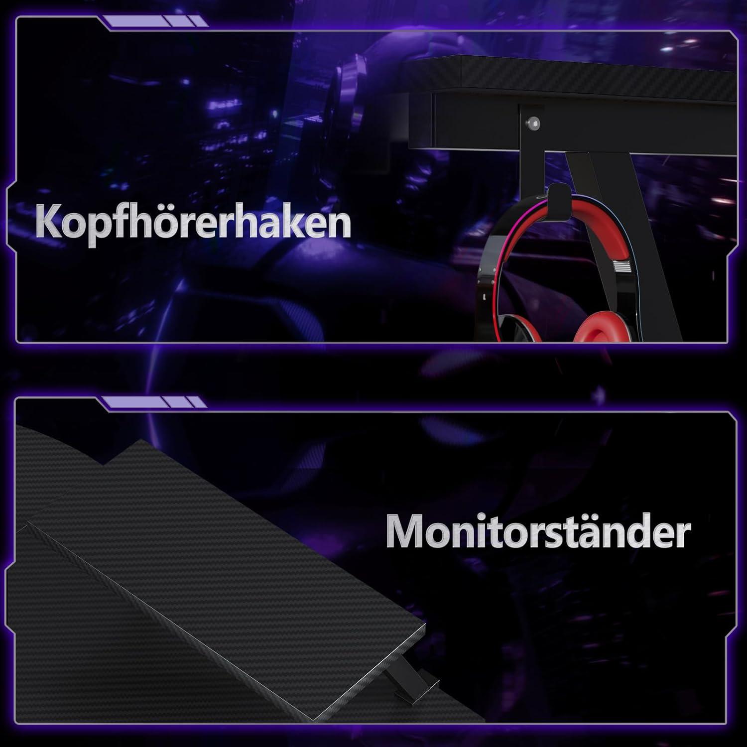 ODK Gaming Tisch Eckschreibtisch L Form Monitorständer Kohlefaser Schwarz