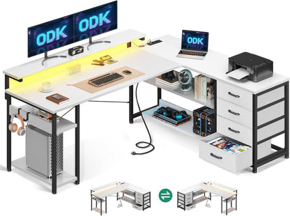 Eckschreibtisch LED USB Schubladen Steckdosen Weiß 155×110cm