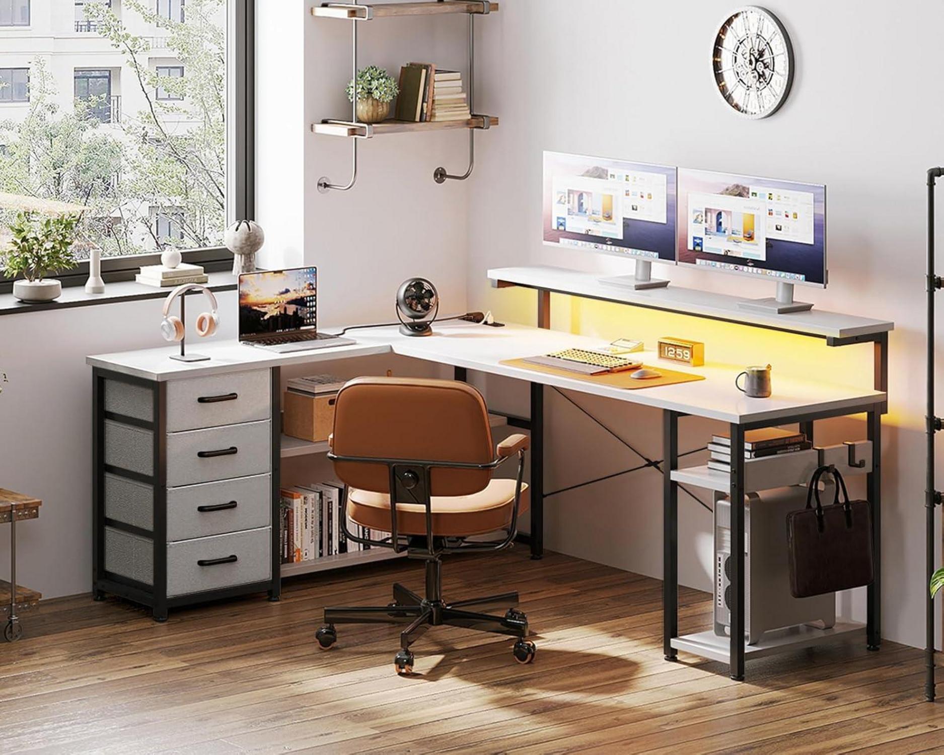 ODK Eckschreibtisch LED mit USB Ladeanschluss und Schubladen 155x110cm
