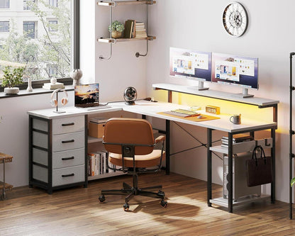 ODK Eckschreibtisch LED mit USB Ladeanschluss und Schubladen 155x110cm