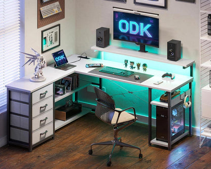 ODK Eckschreibtisch mit Schubladen und LED, L-förmiger