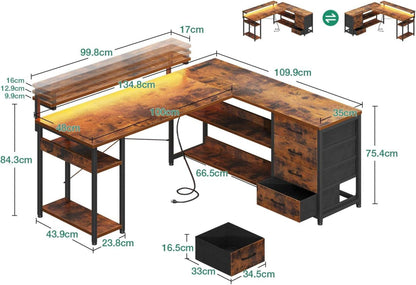 Schreibtisch mit Schubladen, Reversible Eckschreibtisch LED 135×110cm