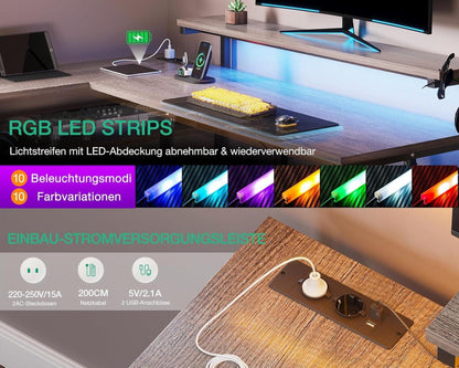 Schreibtisch LED Eckschreibtisch USB Ladeanschluss Graueiche