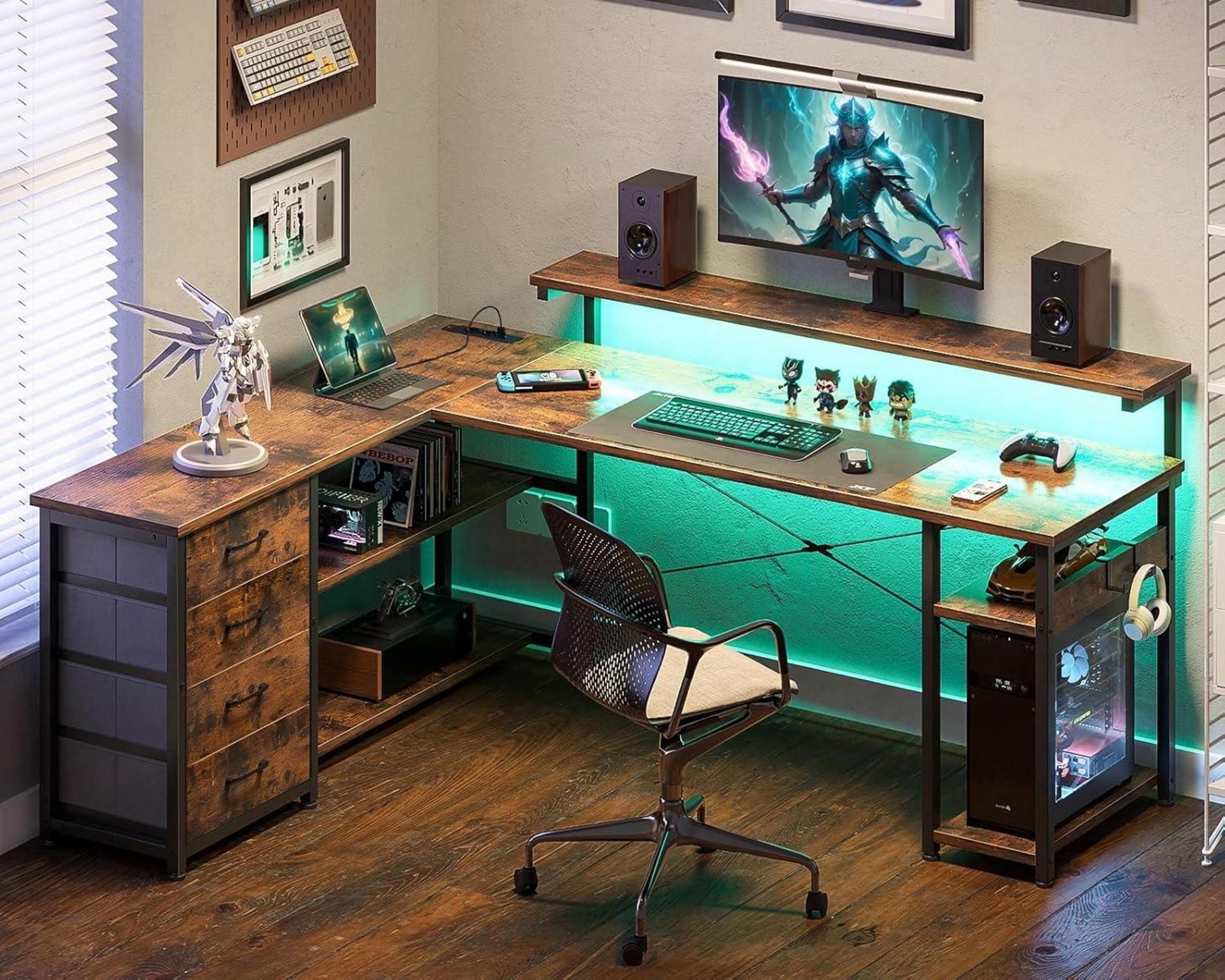 ODK Eckschreibtisch L-Form LED USB Schubladen Bürotisch