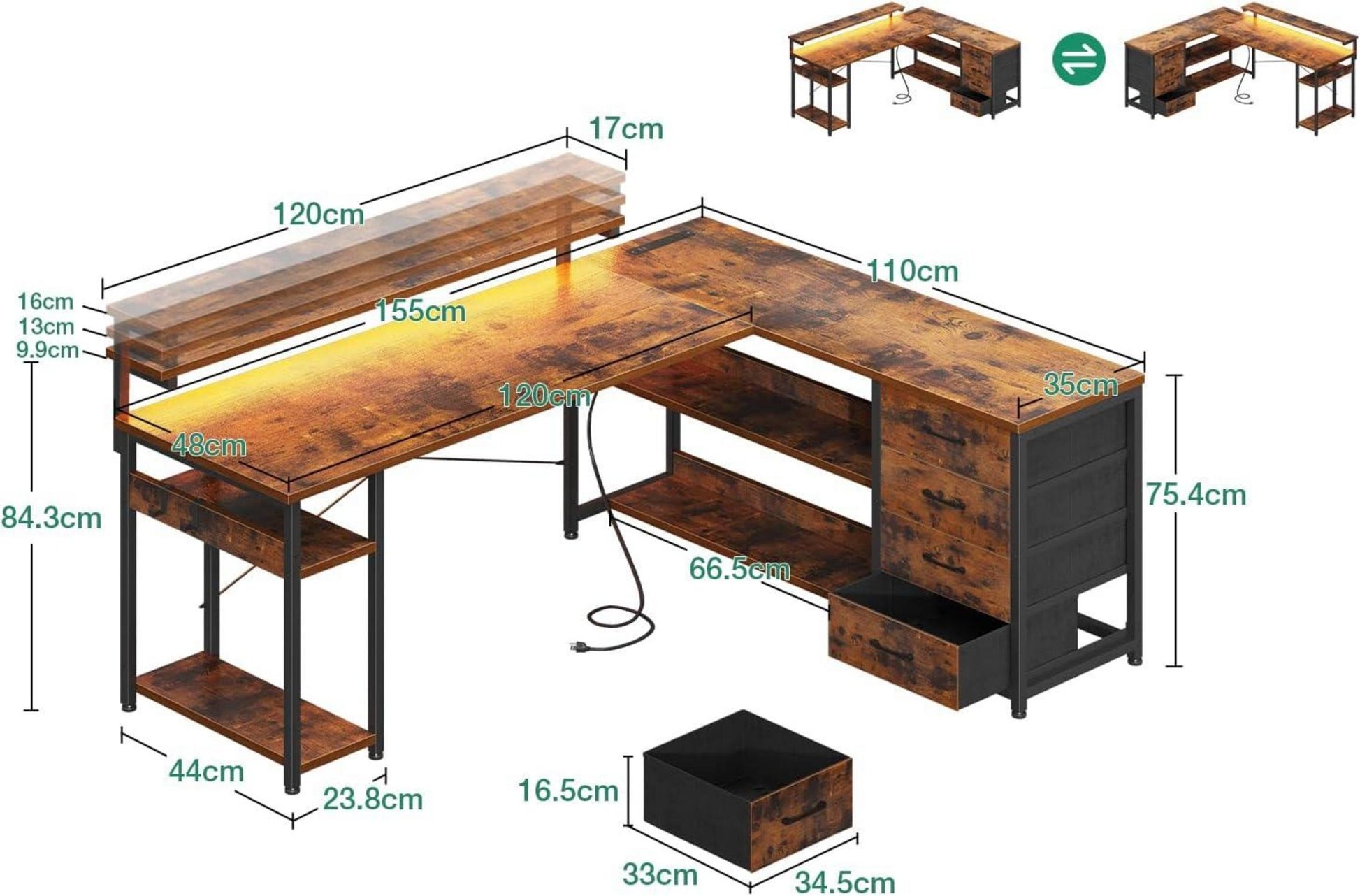 Eckschreibtisch mit LED-Beleuchtung und USB-Anschlüssen