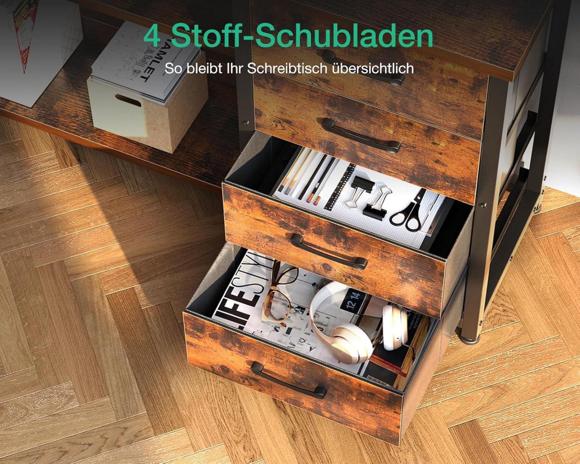 L-Form Schreibtisch LED USB Schubladen 155×110cm Vintage-braun
