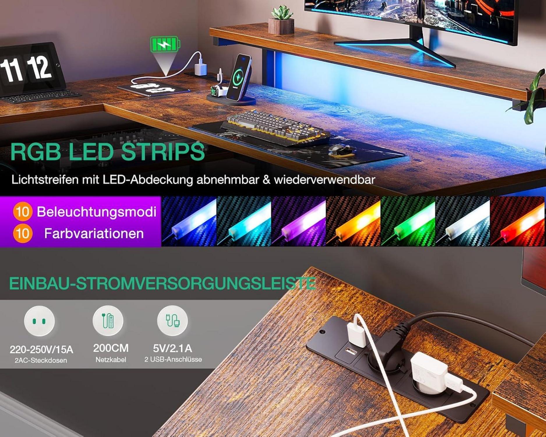 Schreibtisch Eckschreibtisch mit LED Beleuchtung USB Ladeanschluss