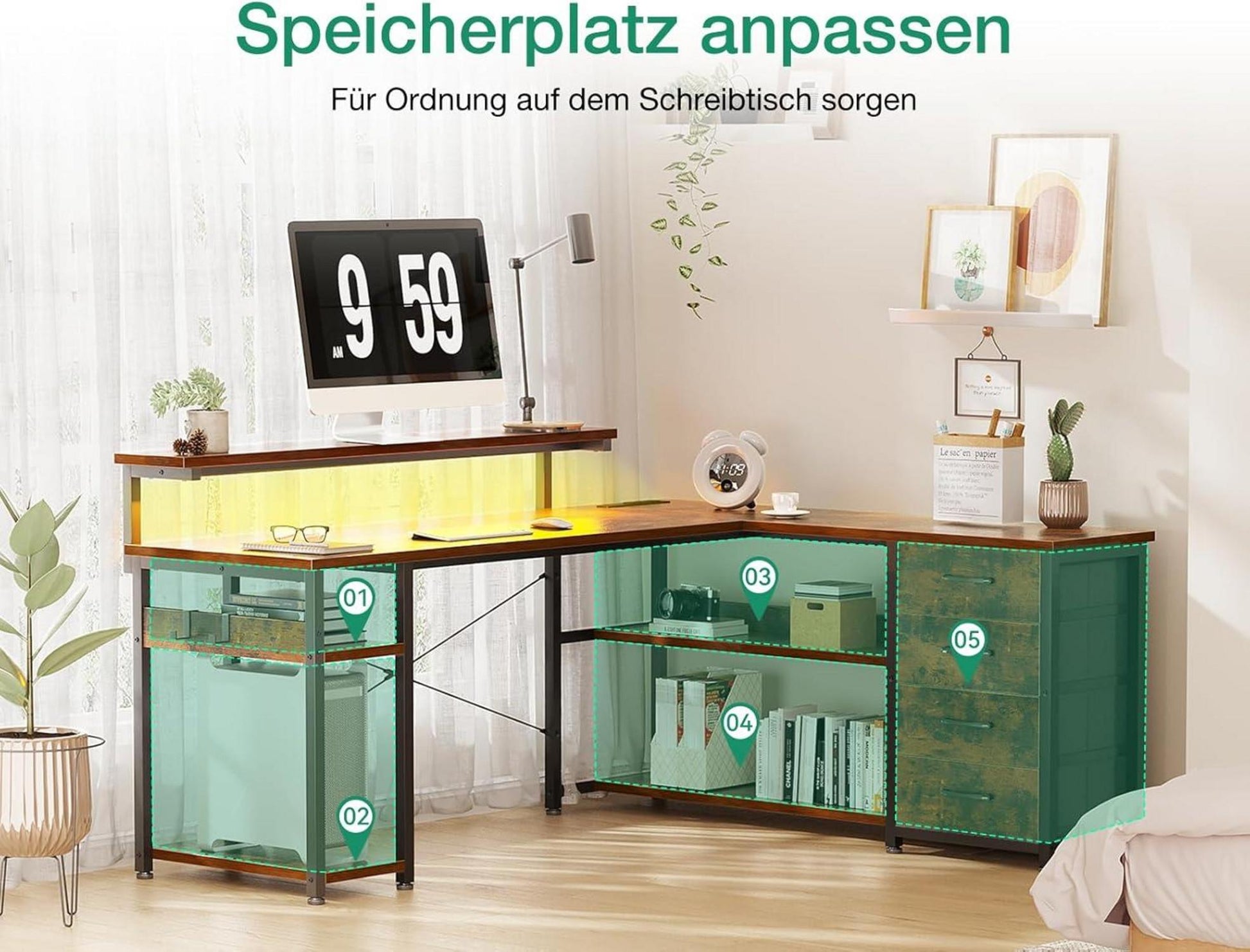 L-Form Schreibtisch LED USB Schubladen 155×110cm Vintage-braun