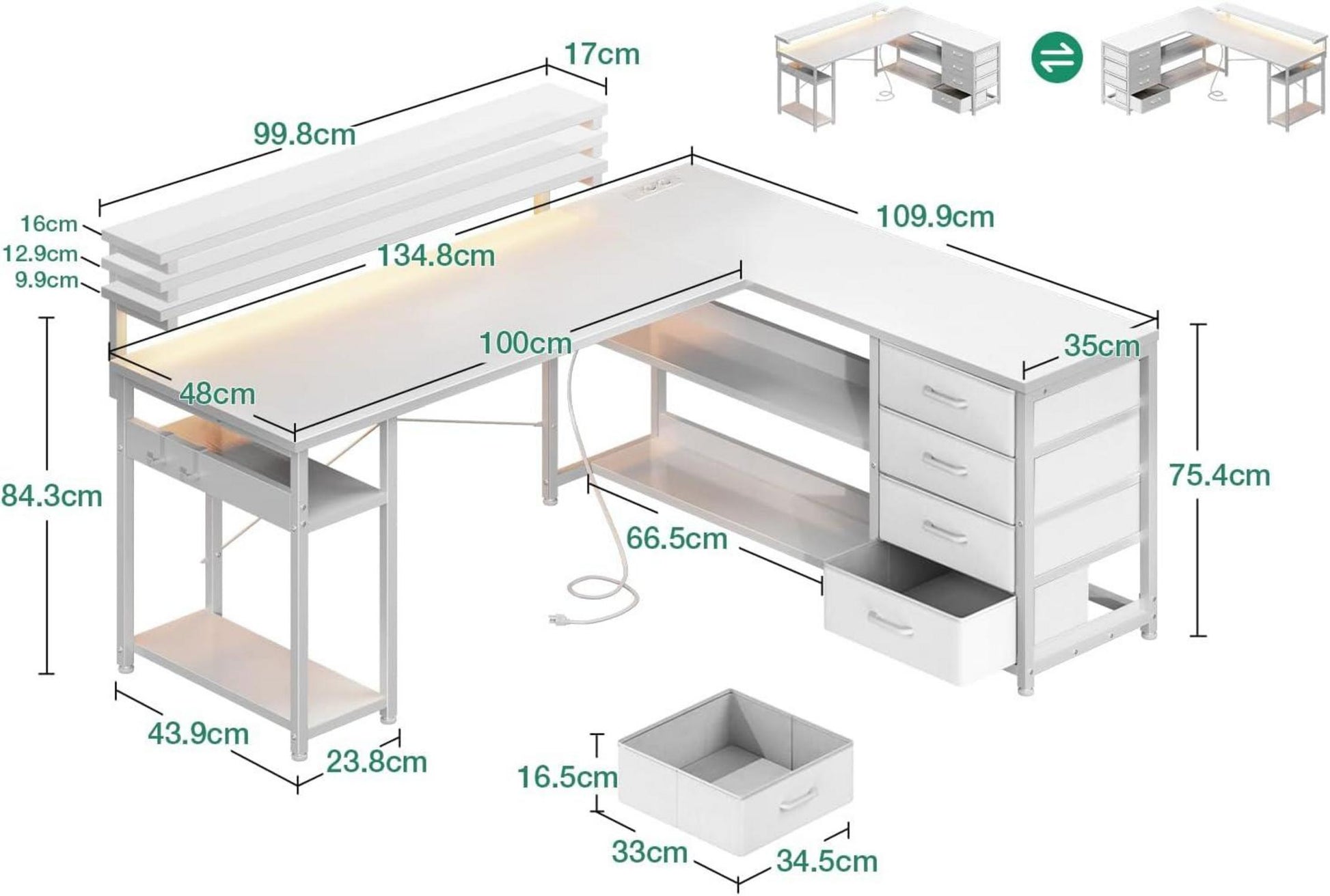 Schreibtisch ODK LED Eckschreibtisch USB Ladeanschluss 135×110cm