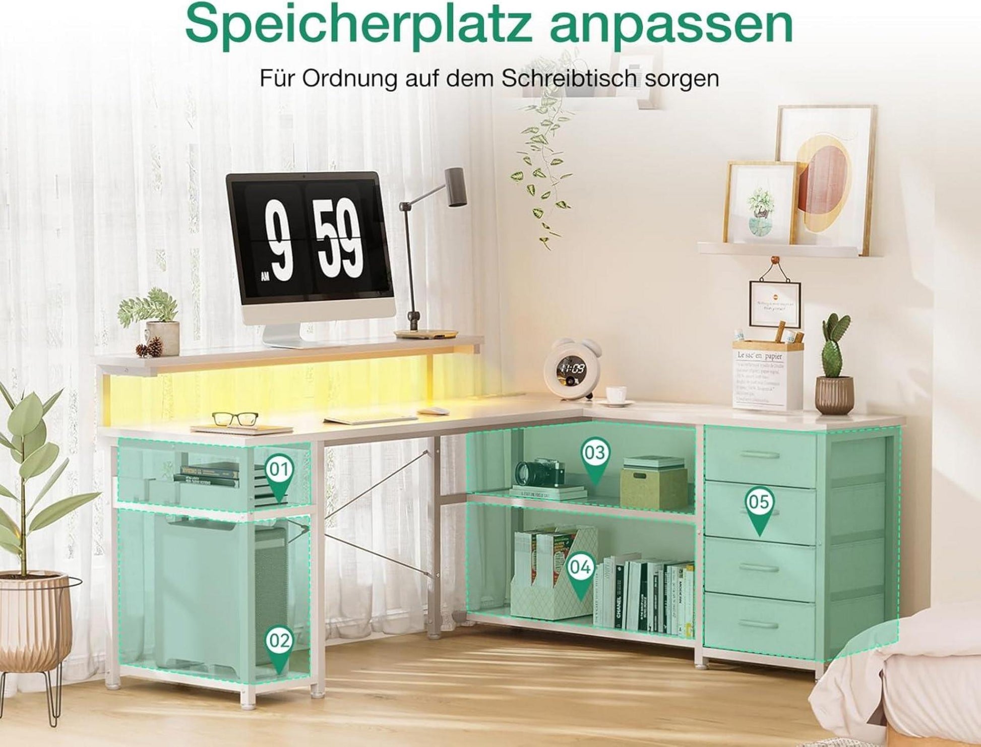 ODK Gaming Schreibtisch mit LED USB Schubladen 135x110cm