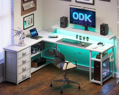 ODK Gaming Schreibtisch L Form mit LED, Schubladen und