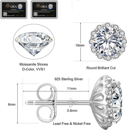 Moissanite Ohrringe Damen Silber 925 Halo Blume Diamant VVS1 Weißgold 2 Karat